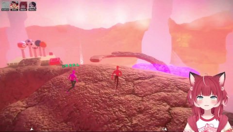 【ジャンプ中に着地先を実体化させるギミック】　「せーのっ　ね？」「むしろ　タイミングで行っていいよ」　　せー (ジャンプ) ーのっ！　（かるびだけ着地して、ぷるるは落下）