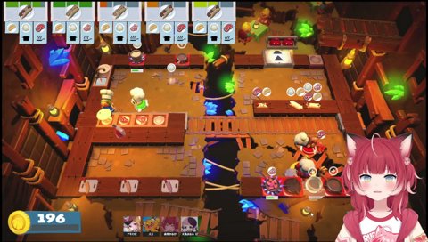 【次々落下】　（１）かるび「あぁー　米がない！」　（２）アキロゼ「チキン取る…落ちちゃったー」　　（３）かるび「これを出す　あぁ落ち”たぁ」　　（４）かるび「皿がない　あぁ！」